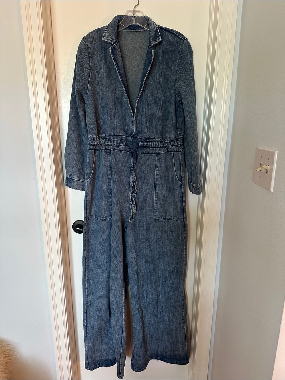 Wide Leg Denim Jumpsuit with Drawstring Waist - Blue NWOT